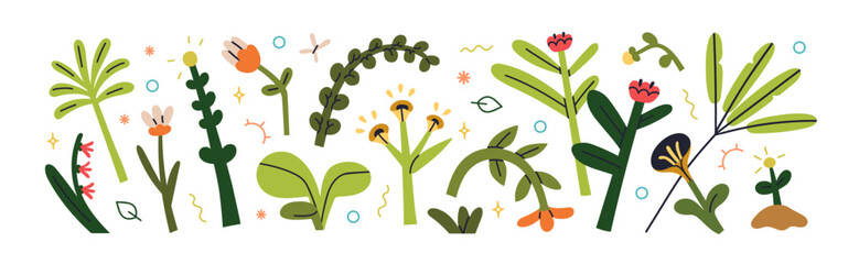 Poster - Floral design elements set. Flowers, leaf plants, branches. Botanical decorations in modern style. Leaves, blooms, decorative blossoms, twigs. Flat vector illustration isolated on white background