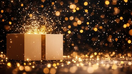Poster - A magical unboxing experience discovering the joy of surprises amidst sparkling lights and golden glow