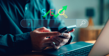 Leinwandbilder - SEO, Data Search Technology, Search Engine Optimization. Man's hands are using a smartphone to searching for information. Using Search Console with your website. Finding data.
