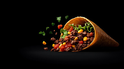 Taco in a Cone: A tantalizing and unique twist on a classic, this image captures the moment a delicious taco spills from its crispy cone, showcasing the vibrant colors and textures of ground beef.