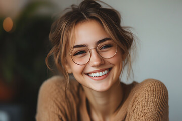 A young woman with glasses smiling warmly, showcasing joy and confidence.