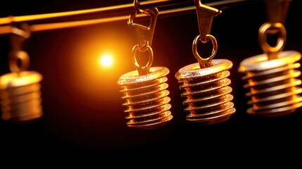 Leinwandbilder - Illuminated metal objects hanging in a row with a warm glow background