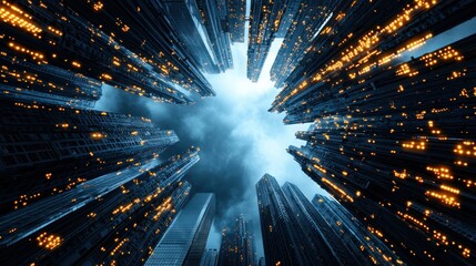Aufkleber - Exploring the futuristic urban landscape a captivating perspective of skyscrapers against a dramatic sky