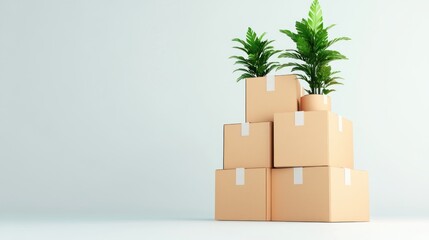 Poster - Aesthetic arrangement of potted plants atop cardboard boxes in a minimalist space