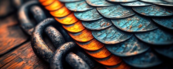 Aufkleber - A close-up exploration of metallic scales and chains an artistic fusion of texture and color