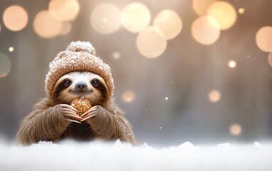 A cute sloth wearing a cozy hat, sitting in the snow and holding a treat, surrounded by a soft, dreamy bokeh background.