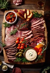 savory meat platter featuring rich colors textures assorted garnishes created appealing presentation, appetizer, board, charcuterie, cheese, crackers