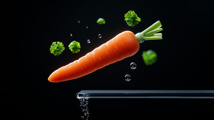 Carrot in Flight:  A vibrant orange carrot suspended in mid-air, surrounded by water droplets and fresh green parsley, against a dramatic black background.