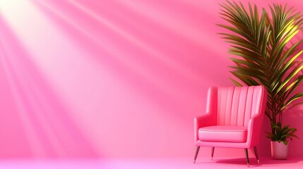 Aufkleber - Vibrant contemporary living space with pink chair and lush greenery for modern aesthetics