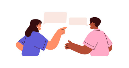 Leinwandbilder - People in conversation, dialogue. Happy man and woman talking, sharing opinions, discussing. Discussion and communication with speech bubbles. Flat vector illustration isolated on white background