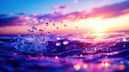 Aufkleber - Serene sunset over ocean waves with splashing water droplets and vibrant colors in the sky