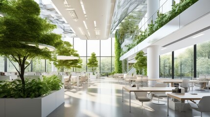 Biophilic design with indoor green spaces and natural light in a modern office building