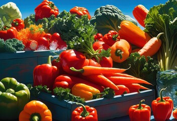 Canvas Print - vibrant vegetables floating clear blue sky dreamlike scene rich color texture, carrot, pepper, tomato, eggplant, zucchini, onion, lettuce, spinach