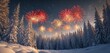 © Muhammad - A quiet, snow-covered forest under a clear, starry Christmas night, with fireworks lighting up the sky in brilliant shades of red and gold, casting a warm glow over the snow-laden trees.