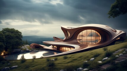 Poster - Organic architecture blending into the landscape with natural materials and curved lines