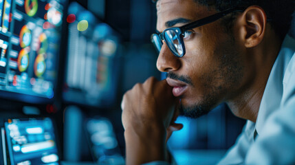 Aufkleber - focused man wearing glasses analyzes data on multiple screens, showcasing his dedication to his work in high tech environment. His concentration reflects importance of his role