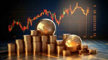 Aufkleber - Wealth growth strategies in global markets illustrated by money stacks and rising graphs