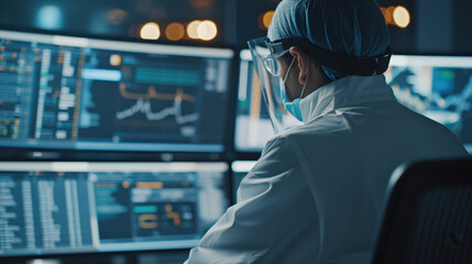 Aufkleber - focused electrical engineer in protective gear analyzes data on multiple screens, showcasing high tech environment. atmosphere is intense and professional