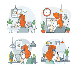 Poster - Woman home office working cartoon vector concepts. Call center, telemarketing remote job, desk laptop plants headset redhead female interior productivity business workspace isolated scenes