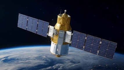 Poster - A spacecraft in orbit, equipped with solar panels for power generation.