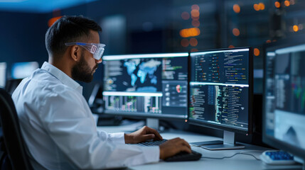Aufkleber - focused electrical engineer in protective gear works diligently at multiple computer screens, analyzing data and coding in modern office environment
