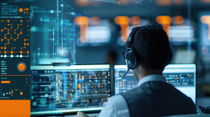 Aufkleber - focused individual in headset analyzes data on multiple screens, showcasing advanced technology and digital interfaces. environment reflects high tech workspace, emphasizing concentration and