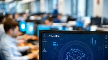 Poster - A modern office environment with a focus on technology and AI assistance.