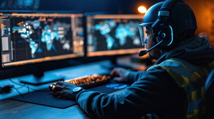 Aufkleber - focused engineer in helmet and safety vest is studying electrical data on multiple monitors, showcasing high tech environment. scene conveys sense of dedication and expertise in field