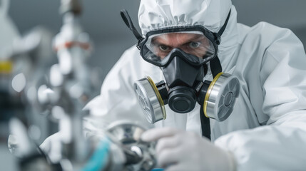 Aufkleber - focused engineer in protective equipment works diligently on complex machinery, ensuring safety and precision in controlled environment