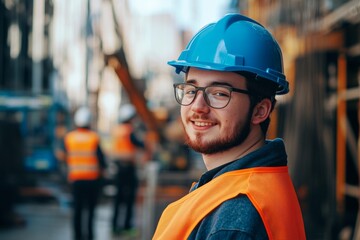 A smiling construction worker with a blue helmet stands proudly at a job site. His cheerful expression adds positivity to the hard work. Urban environment and teamwork captured. Generative AI