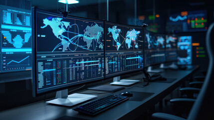 Aufkleber - High tech control room with multiple monitors displaying global data and analytics. environment is illuminated by screens showing maps, graphs, and statistics, creating futuristic atmosphere