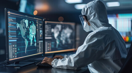 Aufkleber - focused engineer in protective equipment analyzes data on multiple screens, showcasing high tech environment. atmosphere conveys sense of urgency and precision in data management