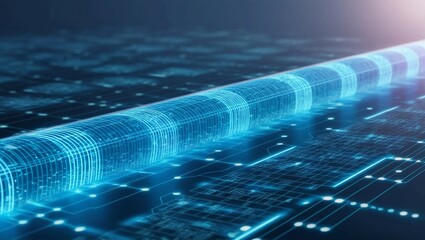 Poster -  Digital Data Stream Represented by Glowing Blue Grids, Perfect for High-Speed Connectivity, Data Transfer, and Cyber Technology Concepts