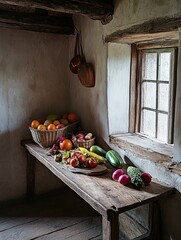 Poster - A rustic kitchen scene featuring a wooden table with various fruits and vegetables.