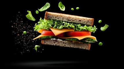 Sandwich Symphony: A fresh and delicious sandwich explodes with flavor, with ingredients like lettuce, tomatoes, cucumbers, cheese, and peas flying in mid-air.