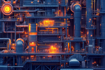 Industrial Wonderland: Chemical Plant with Piping and Machinery Under Navy Lights