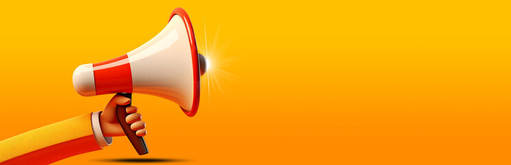 Aufkleber - Extreme close-up of a hand in cartoon style holding a megaphone or loudspeaker against a yellow-orange Background with copy space. Wide banner for you special promotions. Generative Ai.