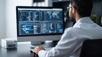 Aufkleber - focused engineer in safety equipment is working on computer, analyzing data and monitoring systems. environment is modern and professional, showcasing technology and concentration