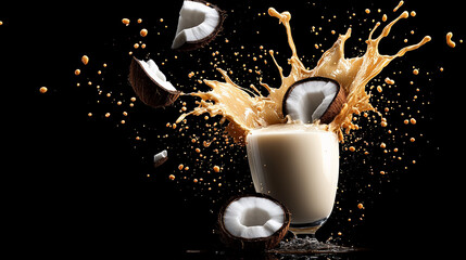 Coconut Milk Splash:  A captivating image of fresh coconut halves splashing into a glass of creamy coconut milk, creating a dynamic and delicious scene.