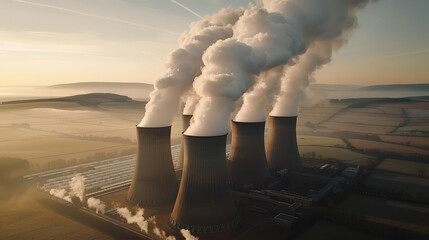 Sticker - Industrial nuclear power station with smoke and steam rising from cooling towers, surrounded by fields and hills, creating dramatic landscape