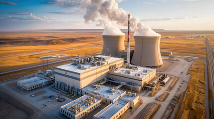 Sticker - Aerial view of nuclear power plant with cooling towers emitting thick smoke, surrounded by vast desert landscape. scene captures industrial scale and energy production