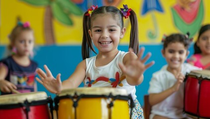 Cute little girl playing bongos in a music class with other children, all smiling and having fun. Children's musical education concept. Happy young student kindergarten or nursery school.