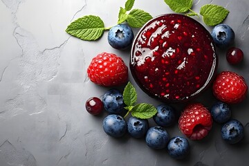 Wall Mural - Homemade jam and fresh raspberries and blueberries on a light gray background.