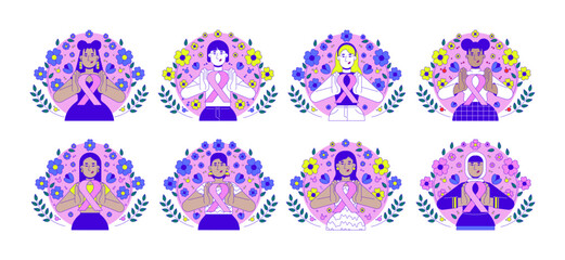 Poster - International movement of pink ribbon 2D illustration concepts set. Breast cancer solidarity. Multinational women floral cartoon characters isolated on white. Metaphors abstract flat vector collection
