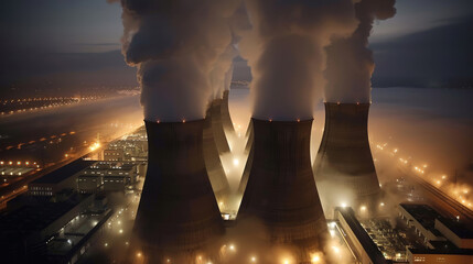 Sticker - Nuclear power facility with cooling towers releasing steam at night, surrounded by city lights. scene captures industrial atmosphere and energy production