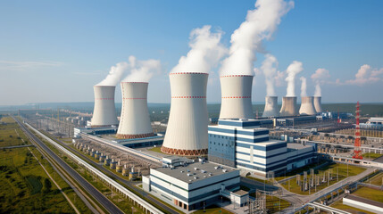 Nuclear power plant with cooling towers emitting dense clouds of steam against clear blue sky. facility showcases modern architecture and energy production technology, highlighting its industrial