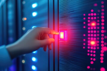 Poster - A hand operates a bright button on a server rack, surrounded by glowing lights, illustrating data center technology and digital connectivity.