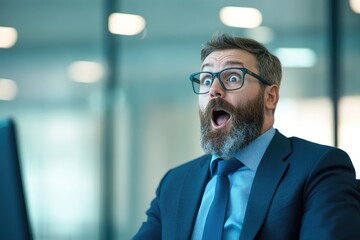 Poster - A surprised man in professional attire reacts animatedly at his computer, embodying shock and excitement in a dynamic office environment.