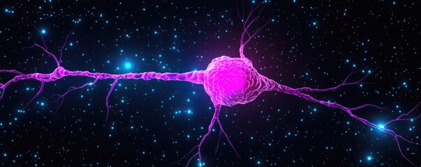 Poster - A vibrant depiction of a neuron with radiant, branching axons against a cosmic background, illustrating the beauty of neural connections.