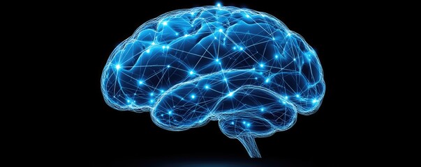 Poster - A glowing blue brain composed of intricate dots and lines, symbolizing neural networks and advanced technology.